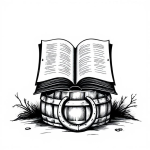 white and black logo of an open book placed on a barrel and a horseshoe