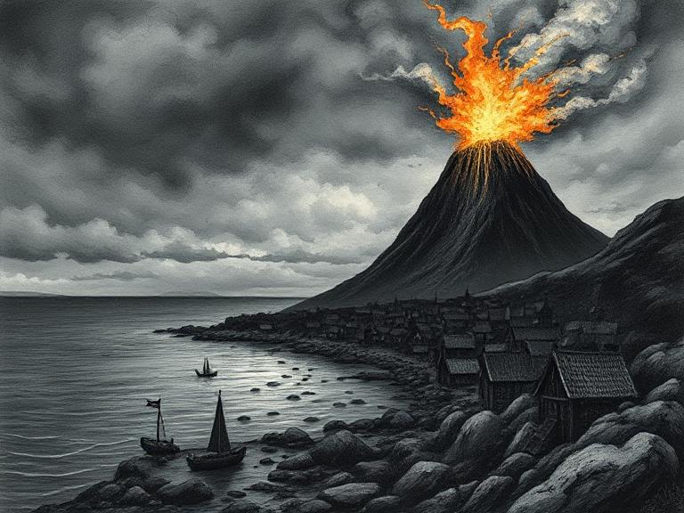volcan en éruption près d'un village viking fictif